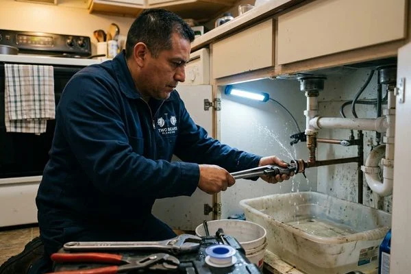 Plumber repairing a burst pipe under a kitchen sink