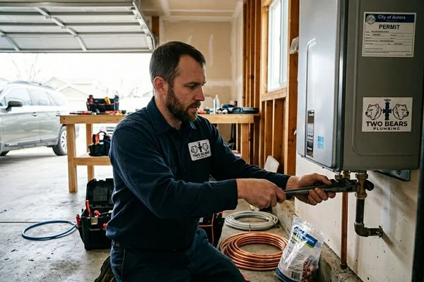 Plumber installing a new water heater in a residential garage