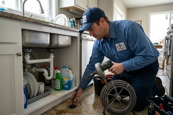 Plumber using a drain snake on a clogged kitchen drain