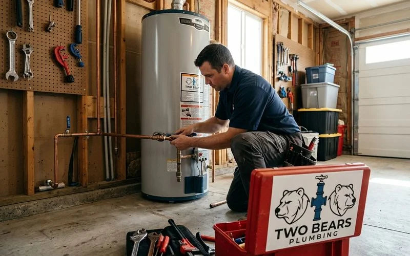 Licensed plumber connecting pipes on a new water heater installation in Aurora