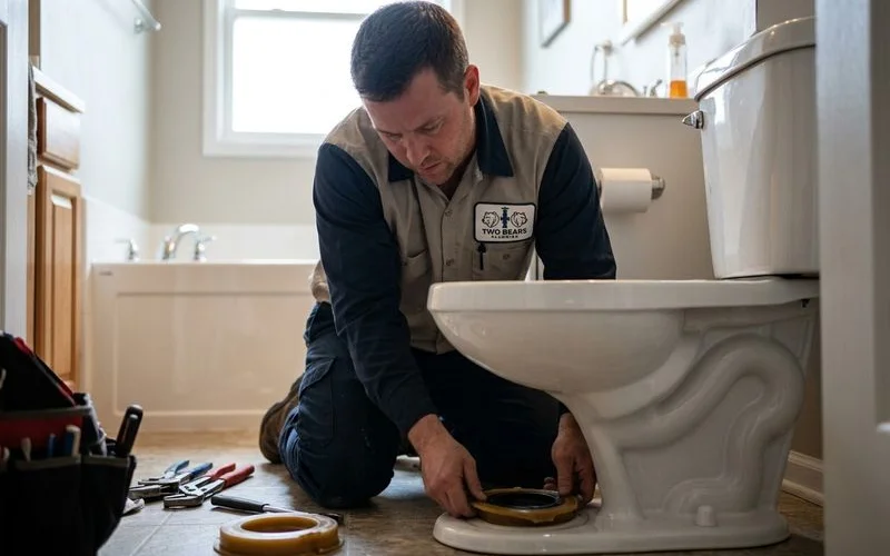 Plumber replacing a wax ring on a toilet base