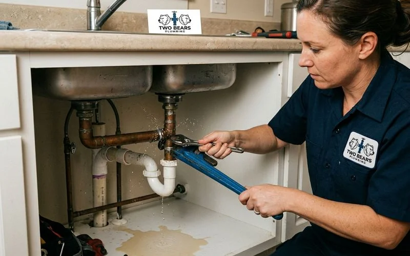 Plumber repairing a leaking pipe joint