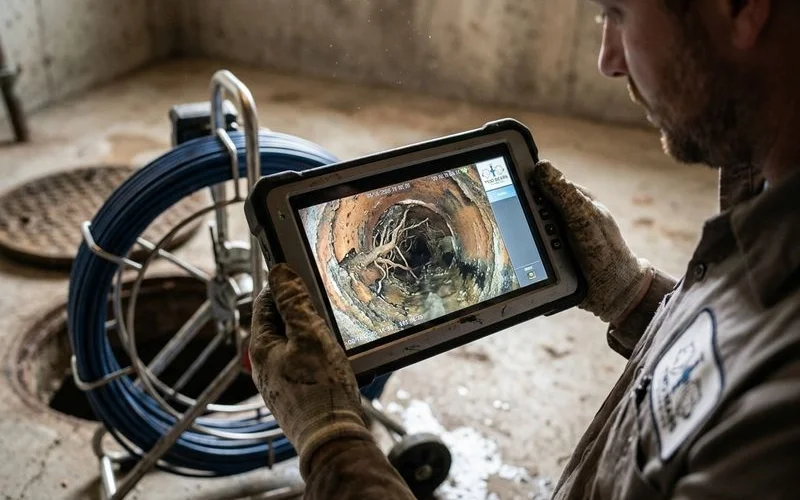 Sewer camera inspection showing cracked clay pipe in Aurora home