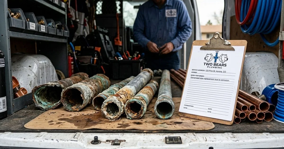 Corroded galvanized steel pipe removed from a 1970s Aurora, CO home during a plumbing repair