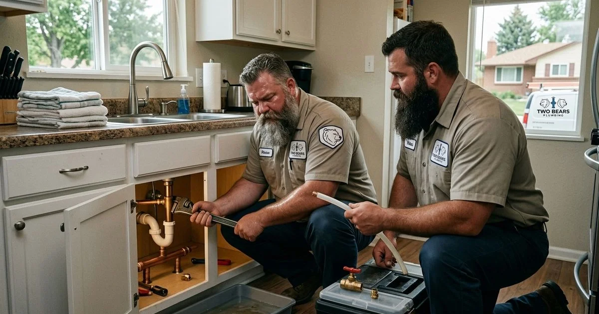 Emergency plumber repairing a burst pipe under a kitchen sink in an Aurora, CO home