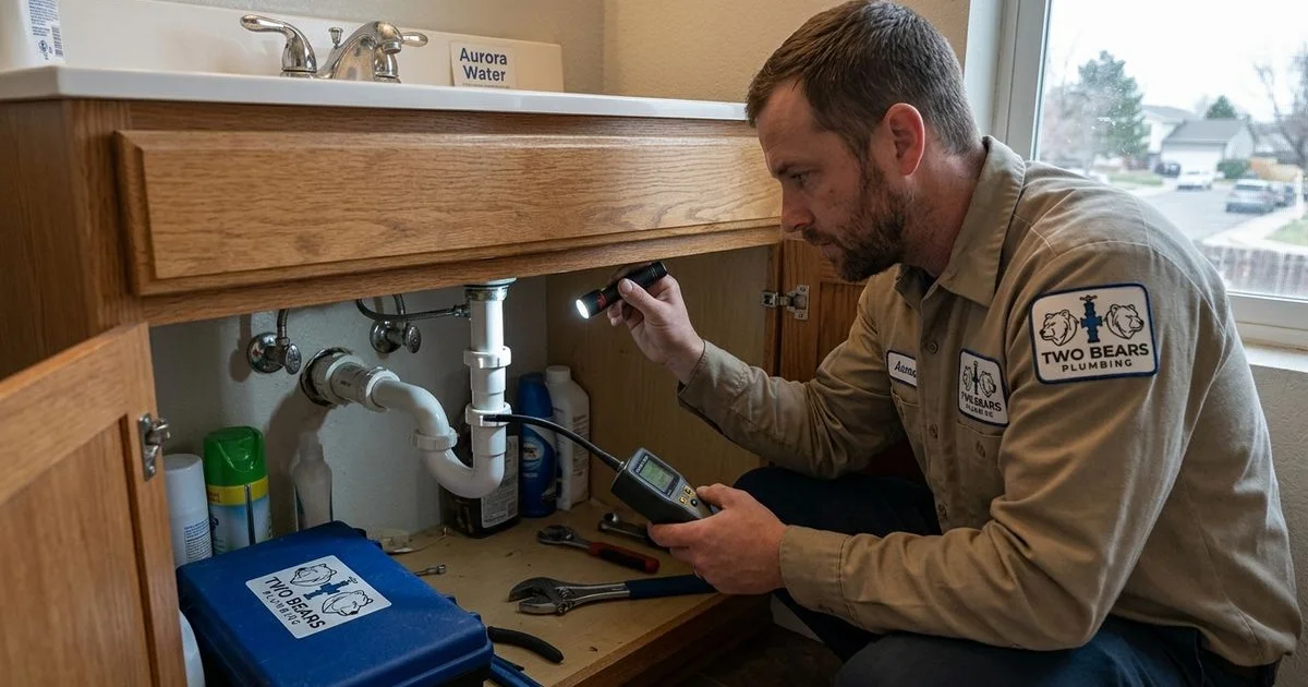 Plumber checking a P-trap under a bathroom sink for a sewer gas leak in an Aurora home
