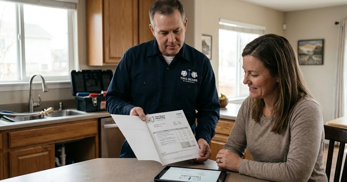 Plumber presenting a flat-rate invoice to an Aurora homeowner at the kitchen table