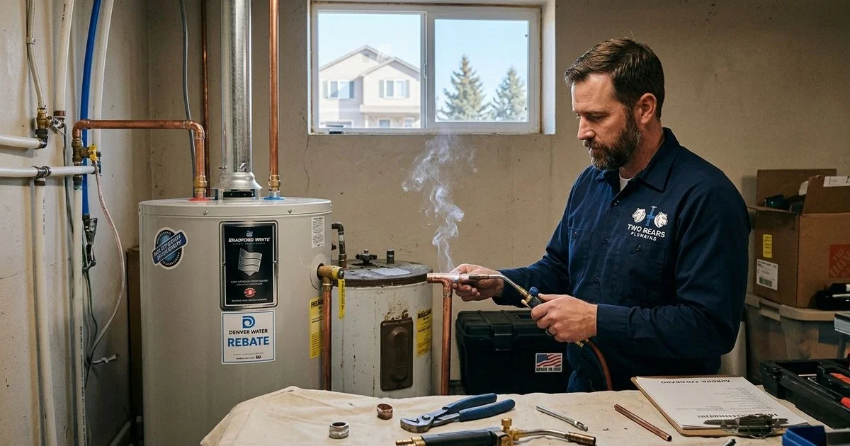 Professional water heater replacement installation in an Aurora, CO home